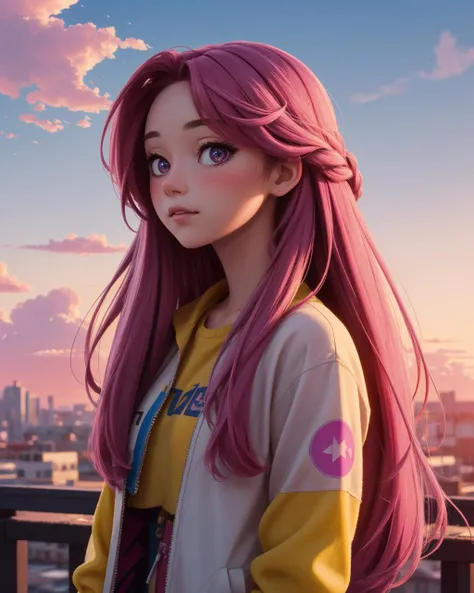 (masterpiece:1.0), (highest quality:1.12), (HDR:1.0), a girl with long hair looking at viewer, with a yellow background and a magenta sky, constant, vaporwave colors, a character portrait, synchronization