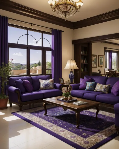 (masterpiece:1.1), (highest quality:1.1), (HDR:1.3), (real focus:1.2), (colorful), mediterranean style living room, modern interior design, casual luxury, soft, inviting, warm, airy, spacious, sofa, pillow, lamp, end table, rug, window, spatial lighting, natural light, open floor plan, modern minimalistic furniture, notorious, (purple:1.6)