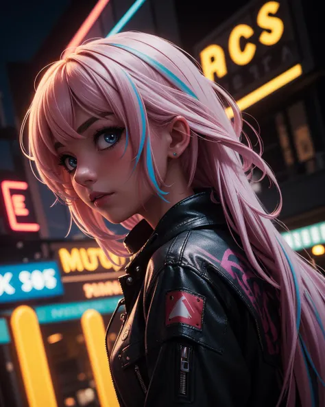 (masterpiece:1.1), (highest quality:1.1), (HDR:1.0), 1 girl, highly detailed hair, multicoloured hair, night, neon sign backlight, cinematic lighting, looking to the viewer, side lighting, complex hairstyle, midnight vibe, Depth of field