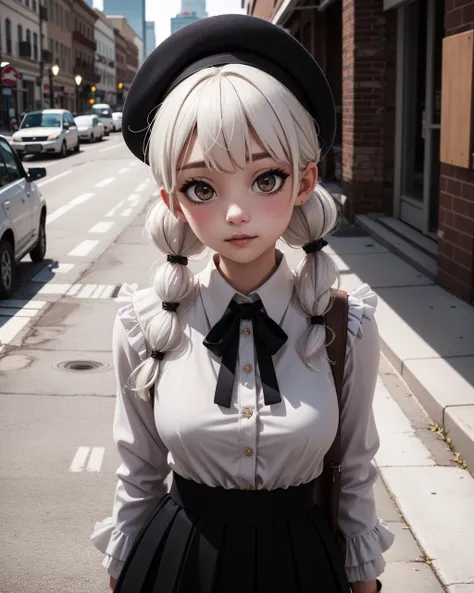 cowboy shot, 1girl, solo, white hair, beret, white background, brown eyes, shirt, looking at viewer, frills, white shirt, low twintails, black jacket, neck ribbon, hair flower, closed mouth, long hair, black skirt, bokeh, city, outdoors, from above