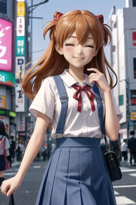 <lora:asukalangley:0.8>, asuka langley soryu, blue eyes, hair between eyes, headgear, interface headset, orange hair, red ribbon, ribbon, school uniform, skirt, suspender skirt, suspenders, tokyo-3 middle school uniform, city lights, tokyo, akihabara, happy face, blush, one eye closed, hand to own mouth, <lora:V:1>
