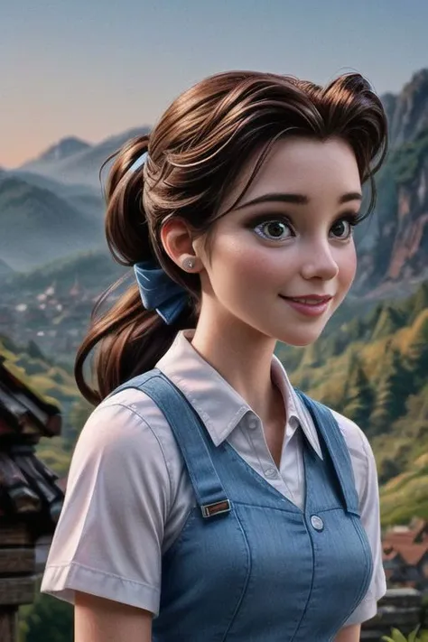 <lora:belle:0.6> belle,1girl, solo, looking at viewer, smile, brown hair, shirt, bow, white shirt, upper body, ponytail, hair bow (masterpiece:1.2), (best quality), (ultra detailed), (8k, 4k, intricate),(full-body-shot:1), (highly detailed:1.2),(detailed face:1.2), (detailed background),detailed landscape, (dynamic angle:1.2), (dynamic pose:1.2), <l <lora:more_details:1>