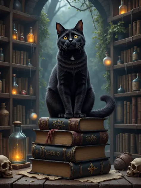 A mischievous black cat perched on a stack of ancient spellbooks inside a dark and dusty library. Magical orbs float around the cat, illuminating cobweb-covered shelves filled with potions, skulls, and mysterious artifacts.