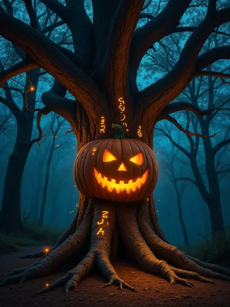 An ancient tree with twisted branches, its trunk carved into the face of a grinning pumpkin. Spirits swirl around its branches, and glowing runes are carved into the bark, illuminating the dark forest in an eerie orange light.