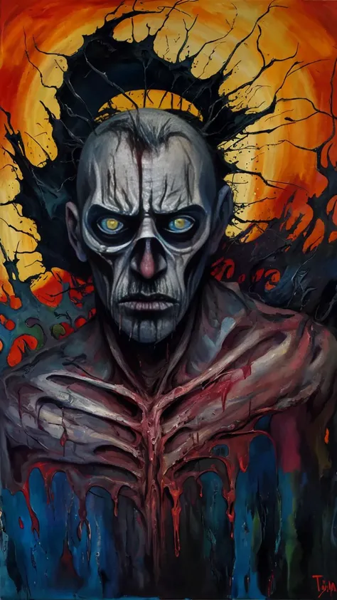 whole body, Horror-themed abstract expressionist painting Emotional and physical pain, style of Tim Burton, Old man's , twisted, anguish, dark, rays of light, energetic brushwork, bold colors, abstract forms, expressive, emotional . Eerie, unsettling, dark, spooky, suspenseful, grim, highly detailed,