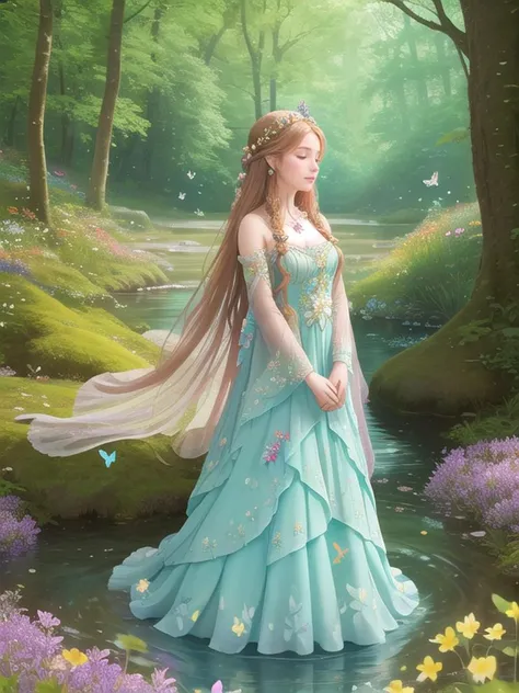 A serene maiden in a tranquil forest, dressed in a flowing dress with floral patterns. Her hair is adorned with a crown of wildflowers, and she stands beside a crystal-clear stream. The forest is filled with birds and butterflies, creating a peaceful atmosphere.
