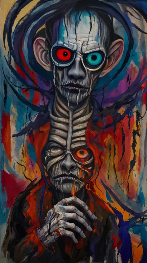 whole body, Horror-themed abstract expressionist painting Emotional and physical pain, style of Tim Burton, Old man's , twisted, anguish, dark, rays of light, energetic brushwork, bold colors, abstract forms, expressive, emotional . Eerie, unsettling, dark, spooky, suspenseful, grim, highly detailed,