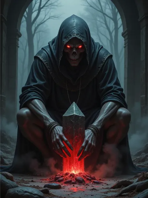 A once-forgotten wraith-lord stirs from his tomb beneath a cursed bloodstone. His glowing red eyes cut through the darkness as ancient curses unravel, filling the air with smoke and decay.