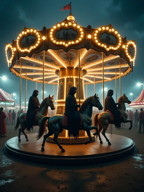 A haunted carousel spinning in the middle of a dark carnival. The carousel horses have skeletal forms, glowing red eyes, and tattered manes, while ghostly figures ride them under the flickering carnival lights.
