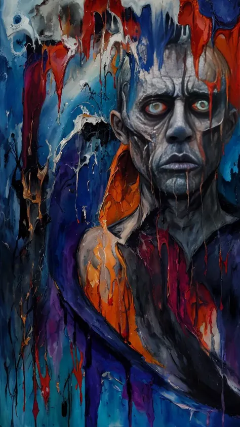 whole body, Horror-themed abstract expressionist painting Emotional and physical pain, style of Tim Burton, Old man's , twisted, anguish, dark, rays of light, energetic brushwork, bold colors, abstract forms, expressive, emotional . Eerie, unsettling, dark, spooky, suspenseful, grim, highly detailed,