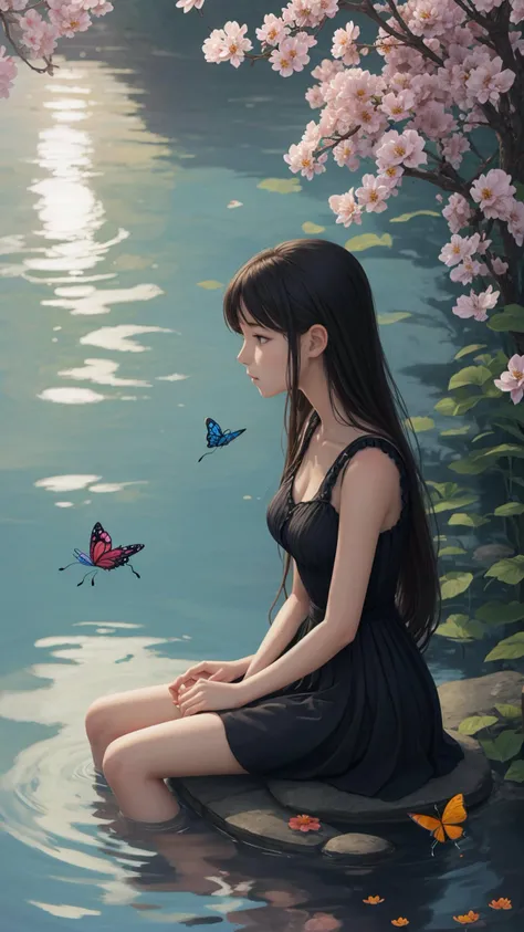 1girl, flower, moon, sitting, water, butterfly