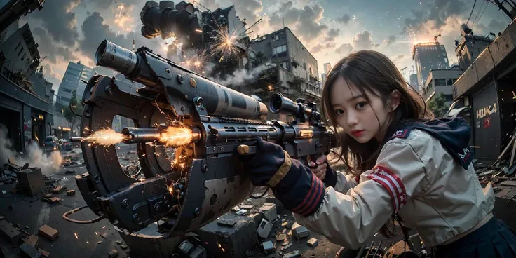 masterpiece,best quality, lens flare, depth of field, (from side), (wide shot, fisheye), facefocus, full body,
1girl, (solo), long hair, (sailor suit:1.3), pleated skirt,
mid breasts, midriff, thigh gap,
(holding weapon, assault rifle, aiming at viewer, finger on trigger, on firing, sparks coming out of the muzzle:1.3), (h&k hk416),
sunny, blue sky, cloudy sky, broken building, destruction building, street,
<lora:koreandolllikenessV20_v20:0.2>, <lora:goYoonJung_v10:0.3>, <lora:japaneseDollLikeness_v10:0.6>, <lora:cuteGirlMix4_v10:0.2>,
<lora:hKHK416Lora_v20:0.1>,