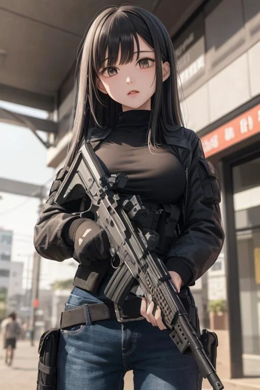 (masterpiece:1.4),(best quality:1.4)(high_resolution:1.1),(detailed),Graphic_Novel,(detailed city background),1girl, (upper_body ),surprised face ,White skin,medium_breasts,jacket,jeans, dramatic light, gun, weapons, holding a rifle with both hands, assault rifle,HK416, <lora:hKHK416Lora_v20:0.6>,
<lora:virtualgirl-aim_v2:0.5>, virtualgirl-aim, medium breasts, straight hair, long hair, black hair, black eyes, <lora:virtualgirlAim_v20:0.3>
