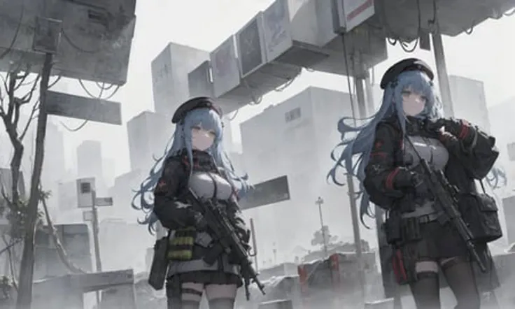 masterpiece, best quality, official art, extremely detailed CG unity 8k wallpaper, highly detailed, Panorama, exquisite facial features, female, eye shadow, military uniform, expressionless, black long hair, gun, h&k hk416, carbine, open fire, firing, blue sky, hair ornament, prefect face, empty eyes, (wide shot, fisheye:0.85), (no emotion), (emotionless), Depth of field, standing, holding a h&k hk416 with both hands, lens flare, broken building, broken ground, cyberpunk city background, gray sky, cloudy sky, beret, (((cyberpunk))), mechanical eye, eyeshadow, black eyeshadow, looking away, ((((only one girl)))), (((1girl))), <lora:hKHK416Lora_v000014:1>