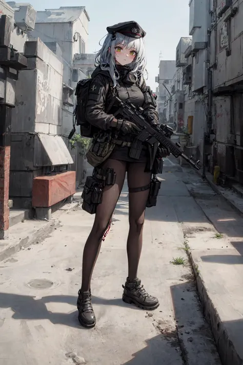 <lora:hKHK416Lora_v20:0.6>,(1girl),tom clancy's the division,snowing,winter,shiny skin,parted lips,long hair,extremely beautiful, (best lighting) , (super-complex detail) ,4K Unity,(super-detailed CG: 1.2),(8K: 1.2),cyberpunk,gloves,casual,blush,illustration,miniskirt,parka,sneakers,pantyhose,street, outdoors, backpack,assault rifle,holding weapon, hk416 \(girls' frontline\),