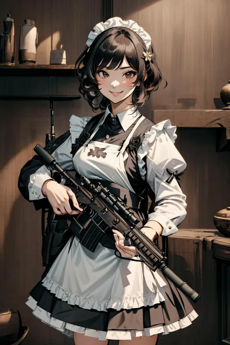 <lora:HK416-v2:0.8> gun, weapons, holding weapon, assault rifle,1girl,maid, maid uniform,maid headdress, maid apron, indoors,luxury apartment,smile, (masterpiece, best quality,highres, perfect hands), masterpiece,best quality,ultra-detailed,very detailed illustrations,extremely detailed,intricate details,highres,super complex details,extremely detailed 8k cg wallpaper
