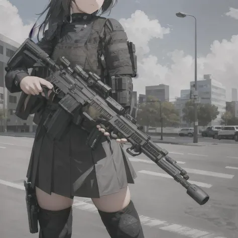 masterpiece,best quality, lens flare, depth of field, (close-up:1.3), (wide shot, fisheye:0.85), facefocus, 1girl ,standing, blue long hair, school uniform,pleated skirt, (holding weapon, holding rifle,aiming,aim:1.2), gun, h&k hk416, carbine, open fire, firing, sunny,blue sky,cloudy sky,city,street,road sign, skyscraper,, 1girl,(holding weapon, assault rifle, aiming looking at viewer: 1.2), blue eyes, absurdres, highres, high quality, tactical helmet, , tactical knee pads, military body armor, <lora:hKHK416Lora_v20:0.7>, vibrant, (adult_woman:1.3)