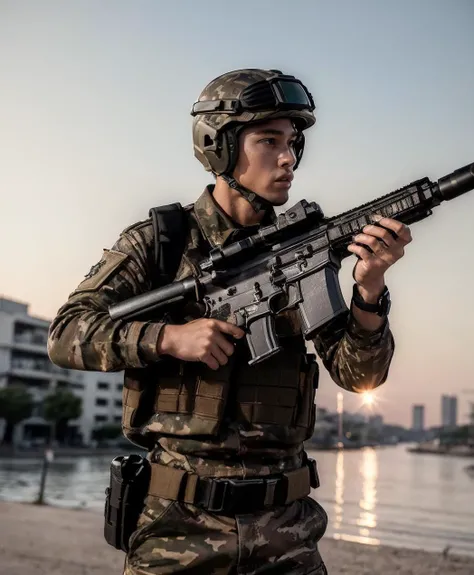 (8k, RAW photo, best quality, masterpiece:1.2), (realistic, photo-realistic:1.37), best quality, ultra high res sunset, back lights, light leaks,
1boy, (holding weapons, aiming at viewer, assault rifles:1.2), carbine, open fire, firing, perfect man body, platinum blonde hair, long hair, (kpop idol:1.2) camouflage, black glass, helmet (beautiful detailed eyes),(beautiful detailed face:1.2) outdoors, street, cityscape
<lora:hKHK416Lora_v20:0.6>
