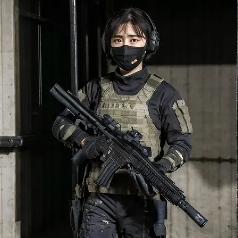 beautiful eyes , masterpiece , best quality , lens flare , depth of field , facefocus, 1girl ,standing, black short hair , black special force uniform, (holding weapon, holding rifle,aiming,aim:1.2), gun, h&k hk416, carbine, open fire, firing,street , black military uniform , mask , realistic