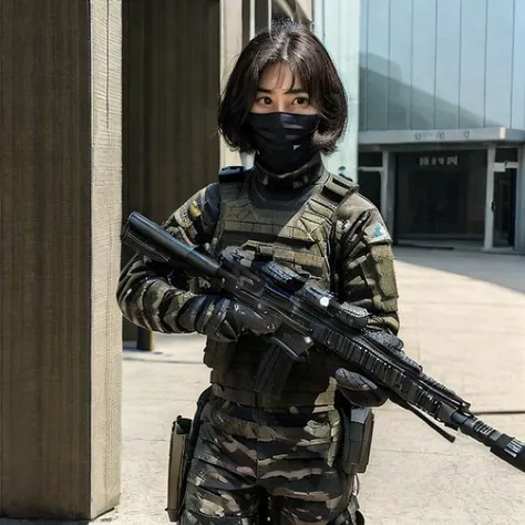 beautiful eyes , masterpiece , best quality , lens flare , depth of field ,  facefocus, 1girl ,standing, black short  hair  ,  black  special force uniform, (holding weapon, holding rifle,aiming,aim:1.2), gun, h&k hk416, carbine, open fire, firing,street  , black  military uniform , mask , realistic