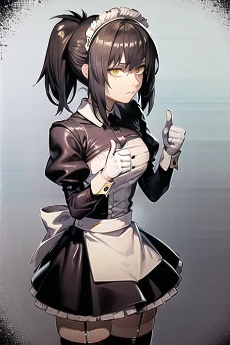 <lora:hexDStyleLORA_hexd1:0.6>, masterpiece, best quality,((mature female)),((mature)),(((solo))), (black hair), (ponytail), yellow eyes, (age up),,eye shadow,latex,(maid), (maid headdress),white thighhighs,(no emotion),(emotionless),(((thumbs down))),