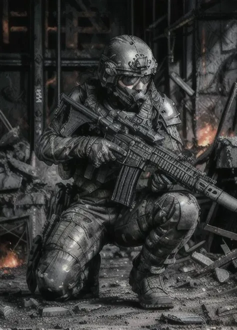 (best quality, masteripiece:1.2) 8K detailed, photorealistic, thick outlines, strong shadows,  <lora:more_details:0.7>, futuristic scifi, male soldier, wearing high-tech scifi armor (holding HK416, aiming gun, open fire, shooting)  <lora:HK416-v2:0.7> 
(crouched on one knee) (rubble, fire, warzone)
