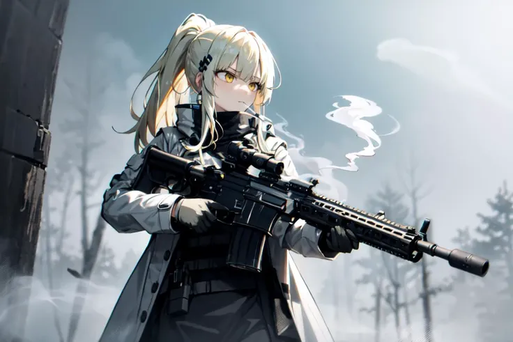 highres, highest quallity, 1girl, adult, solo, solo_focus, platinum blonde hair, blonde_eyes, ponytail, hairpin, solo_focus, arknights, white_theme, dust, smoke, fog, holding weapon, trigger discipline, dark,, coat, trigger discipline, forest, h&k hk416, assault rifle,