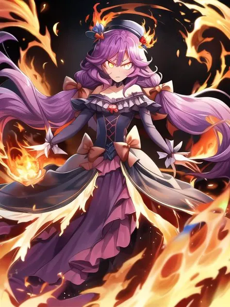 best quality, masterpiece, highres, detailed, perfect anatomy,  <lora:Detail - add_detail:0.2>,  cowboy shot, flamechange, rock,glowing eyes, flame body, <lyco:FlameElement:0.75>,  <lora:CureCoral:0.7>, curecoral, purple hair, twintails, long hair, hair bow, , hat, fire dress, body on fire, 1girl, frills, angry,