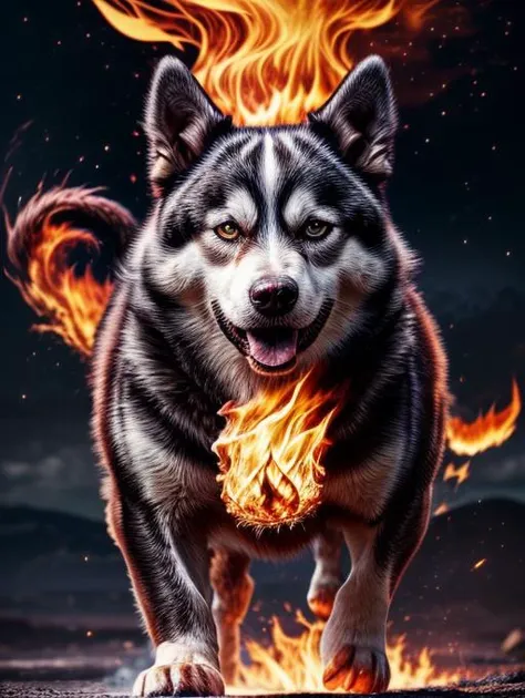 best quality, masterpiece, highres, detailed, perfect anatomy,  <lora:Detail - add_detail:0.2>,  cowboy shot, flamechange, rock,glowing eyes, flame body, <lyco:FlameElement:0.75>, dog, dog on fire, fire fur, volcano, husky, no human,