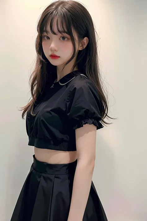 1girl,hair with bangs,black blouse and black skirt, ,white background, <lora:iceirwd-04:1>