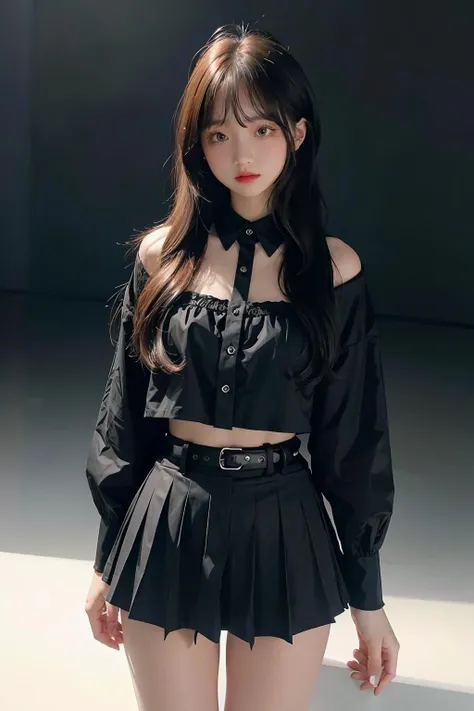 1girl,hair with bangs,black blouse and black skirt, ,white background, <lora:iceirwd-04:1>