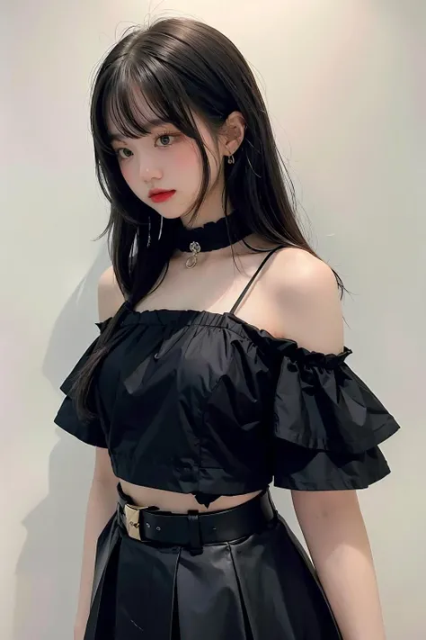 1girl,hair with bangs,black blouse and black skirt, ,white background, <lora:iceirwd-04:1>