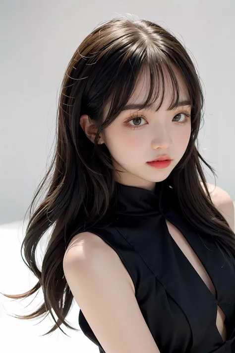 1girl,hair with bangs,black long dress,white background, <lora:iceirwd-04:1>