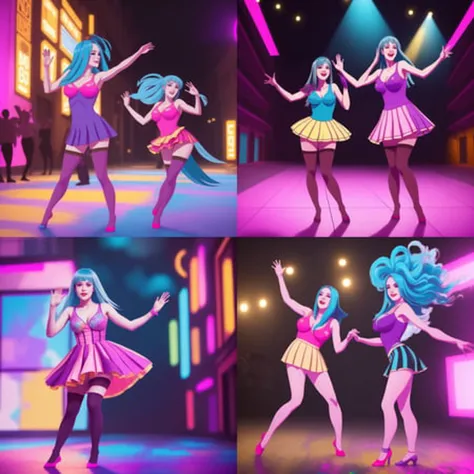 <lora:conceptPaintedClothes_v10:1>painted clothes,fake clothes(mememe:1.3), (long hair:1.1), pretty face, detailed face, eyes, blue hair, solo, entertain, drunk, dance pose, waving,breasts, pink dressed with purple gloves, distant distance, hdr light reflection, <lora:mymememe_78:0.7>, volumetric clouds, central theatre, scene lights, action movie clip, dance party, strong shadows