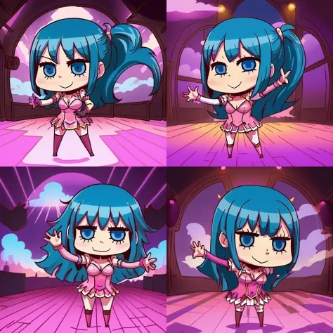 chibi,(mememe:1.3), (long hair:1.1), pretty face, detailed face, eyes, blue hair, solo, entertain, drunk, dance pose, waving,breasts, pink dressed with purple gloves, distant distance, hdr light reflection, <lora:mymememe_78:0.7>, volumetric clouds, central theatre, scene lights, action movie clip, dance party, strong shadows,<lora:fateAprilFoolsRiyoStyle_aprilFoolsv02:1>