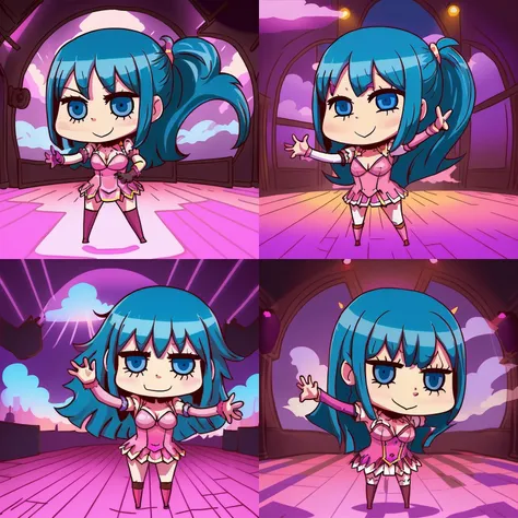 chibi,(mememe:1.3), (long hair:1.1), pretty face, detailed face, eyes, blue hair, solo, entertain, drunk, dance pose, waving,breasts, pink dressed with purple gloves, distant distance, hdr light reflection, <lora:mymememe_78:0.7>, volumetric clouds, central theatre, scene lights, action movie clip, dance party, strong shadows,<lora:fateAprilFoolsRiyoStyle_aprilFoolsv02:1>