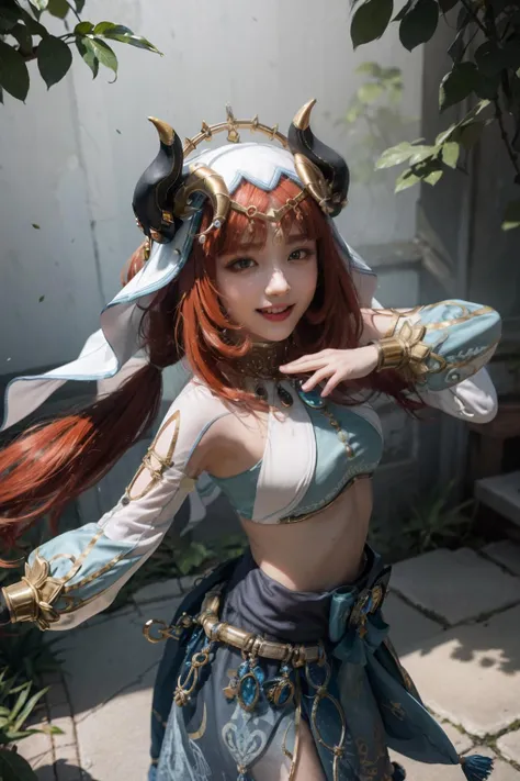 masterpiece, best quality, <lora:nilou:1>,nilou \(genshin impact\), horns,red hair,long hair,twintails,veil,aqua eyes,harem outfit,neck ring,jewelry,bare shoulders,long sleeves,crop top,brooch, bracer, gold trim,blue skirt,circlet,vision \(genshin impact\), smile,dancing,