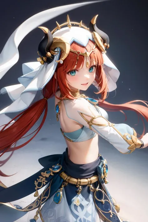 masterpiece, best quality, <lora:nilou:1>,nilou \(genshin impact\), horns,red hair,long hair,twintails,veil,aqua eyes,harem outfit,neck ring,jewelry,bare shoulders,long sleeves,crop top,brooch, bracer, gold trim,blue skirt,circlet,vision \(genshin impact\), grey background, smile,dancing,