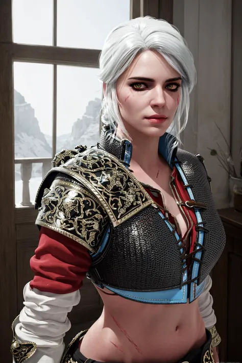 (best quality:1) , (masterpiece:1), (ultra detailed:1), w3 c, scars, white hair, (realism, photorealism, dlc outfit, armor, jacket:1.2), navel, breasts, upper body, medium breasts, looking at viewer, indoors, scenery, <lora:lora_Ciri_AnyLora_1stTrial-000022:0.6>