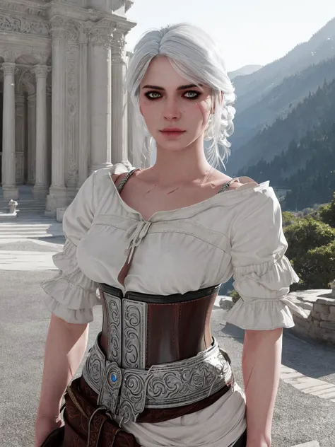 (best quality:1) , (masterpiece:1), (ultra detailed:1), scars, white hair, ( realism, photorealism, looking at viewer:1.2), arms behind back, upper body,  medium breasts, (standard outfit, shirt, corset, gems, jewelry:1.2), scenery, castle background, <lora:lora_Ciri_AnyLora_1stTrial-000022:0.6>