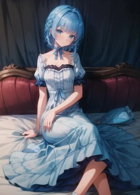 ((best quality)), ((masterpiece)), (detailed), perfect face, perfect body, 1girl, chin-length blue hair with a dyed green fringe on the right side, brown eyes, black nightgown, ((see-through)), ((frilly nightgown)), Sitting on a bed, Seeing the girl from the front, show up the front body girl, bed background