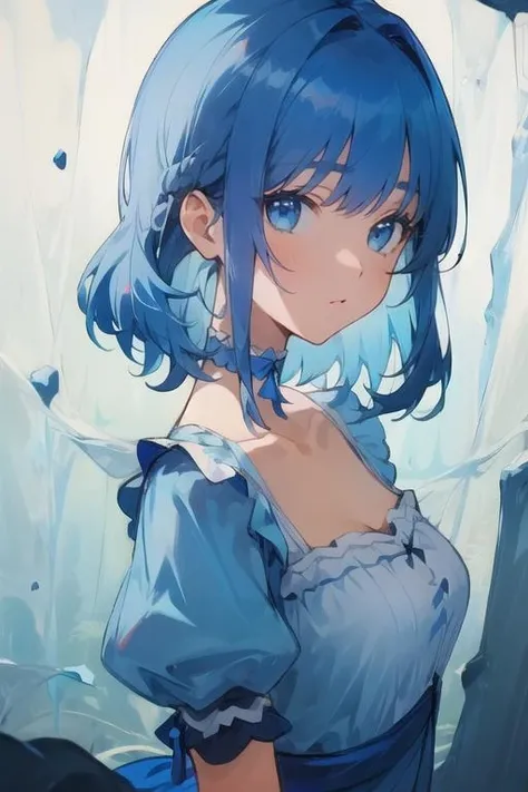 (masterpiece, best quality),(depth) of (field),  <lora:Mary-Ann:0.8> 1girl, white and blue dress, blue hair, medium length hair, frills, bangs, choker, blue eyes, <lora:st-fs_v1.1:-1>, portrait, adult