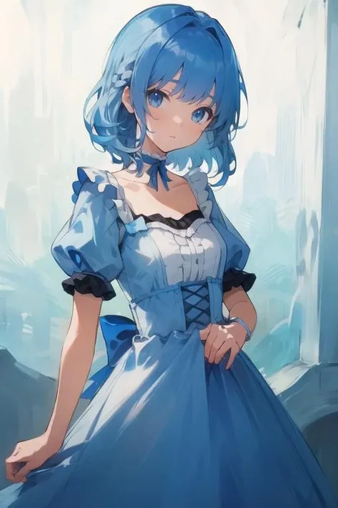 (masterpiece, best quality),(depth) of (field), <lora:Mary-Ann:0.8> 1girl, white and blue dress, blue hair, medium length hair, frills, bangs, choker, blue eyes, <lora:st-fs_v1.1:-1>, portrait, adult