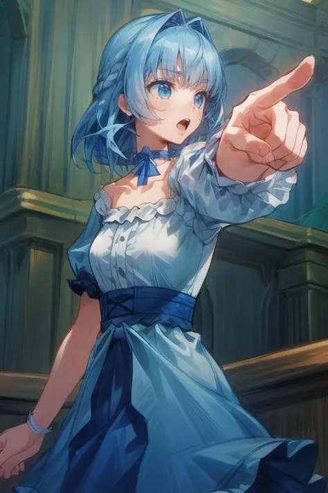 (masterpiece, best quality),(depth) of (field), <lora:Mary-Ann:0.8> 1girl, white and blue dress, blue hair, medium length hair, frills, bangs, choker, blue eyes, <lora:st-fs_v1.1:-1>, <lora:add_detail:1> <lora:aa_dp-11:1> upper body, open mouth, objection, pointing, adult