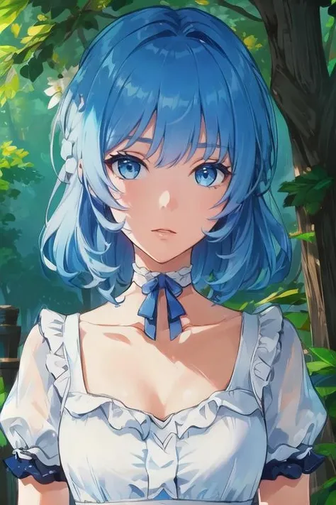 (masterpiece, best quality),(depth) of (field), <lora:Mary-Ann:0.8> 1girl, white and blue dress, blue hair, medium length hair, frills, bangs, choker, blue eyes, <lora:st-fs_v1.1:-1>, portrait, adult