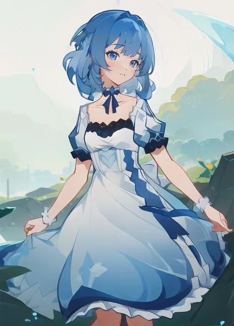 (masterpiece, best quality),(depth) of (field), <lora:Mary-Ann:0.8> 1girl, white and blue dress, blue hair, medium length hair, frills, bangs, choker, blue eyes, <lora:st-fs_v1.1:-0.5>, <lora:add_detail:-0.5> <lora:GenshinTCG:1>, adult