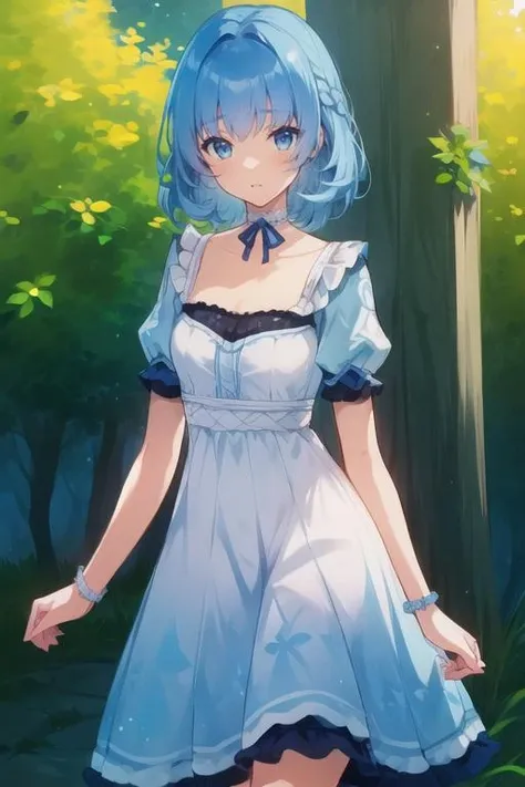 (masterpiece, best quality),(depth) of (field), <lora:Mary-Ann:0.8> 1girl, white and blue dress, blue hair, medium length hair, frills, bangs, choker, blue eyes, <lora:st-fs_v1.1:-1>, , adult