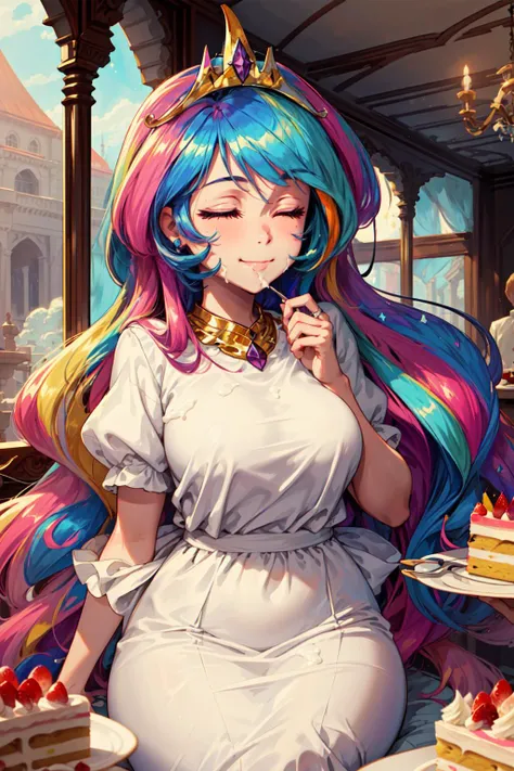 masterpiece,best quality,1girl,mature female,princess_celestia,crown,regalia,multicolored hair,shiny hair,closed eyes,expressionless,sitting,smile,((cake)),cake slice,eating,food in mouth,cheek bulge,cream on face,palace interior,cowboy shot,<lora:celestia:0.9>,