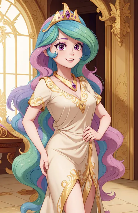 princess_celestia wearing a tunic,regalia,crown,scene is luxurious palace hall,(hair over one eye, one eye covered),<lora:celestia:1>,masterpiece,best quality,