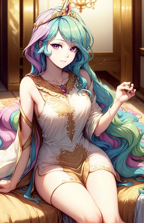 princess_celestia wearing a tunic,regalia,crown,scene is luxurious palace hall,(hair over one eye, one eye covered),<lora:celestia:1>,masterpiece,best quality,sitting down, looking at you,